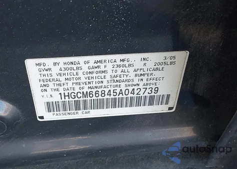 2005 Honda Accord Ex из США, поврежденный, VIN 1HGCM66845A042739